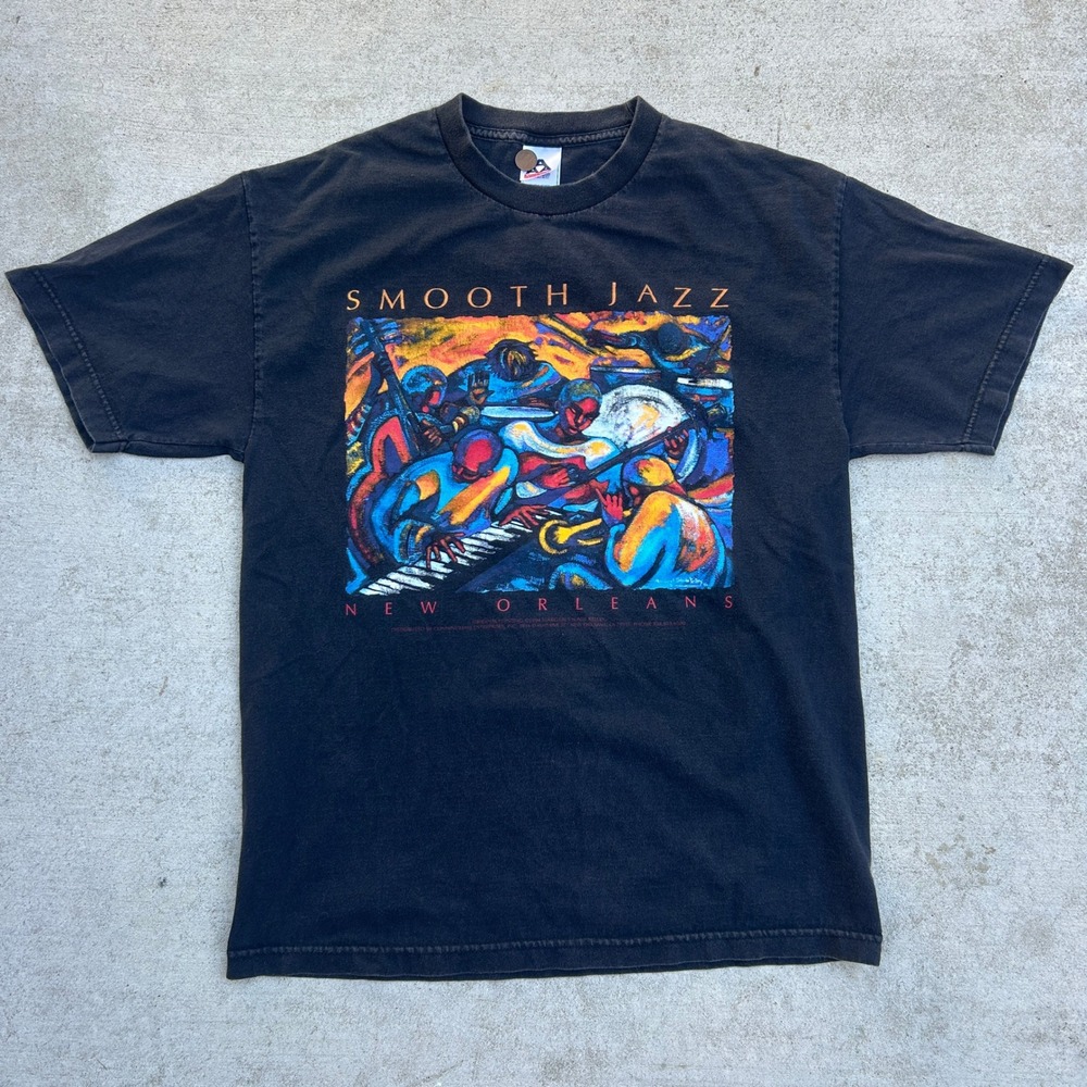 Smooth Jazz New Orleans Art Tee Large Black Vintage 90s Graphic Rare T Shirt